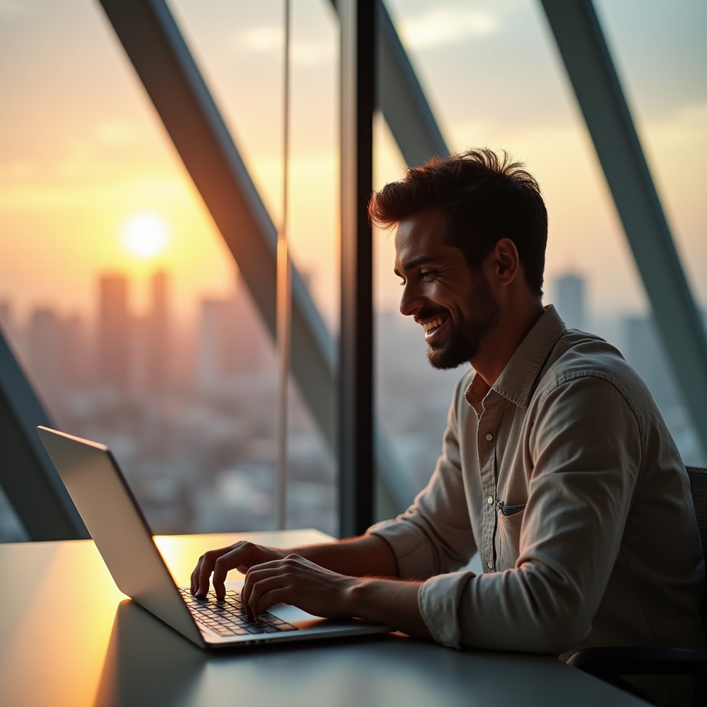 Persoană zâmbind ușor în timp ce citește un email pe laptop într-un spațiu de lucru luminos