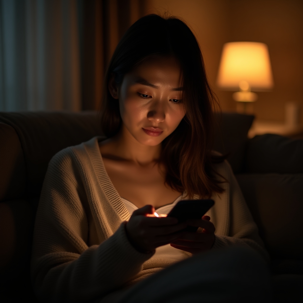 Persoană obosită seara târziu, cu telefonul în mână, într-o cameră slab luminată